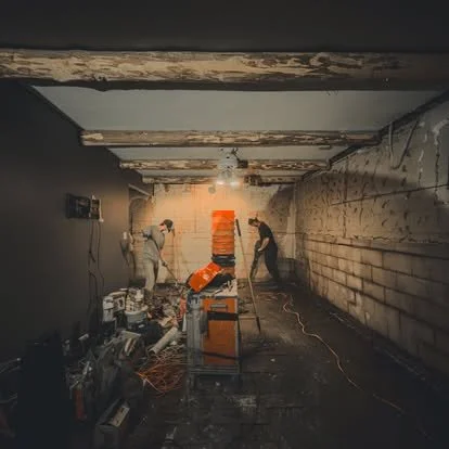 Two workers in a dark room with damaged ceiling and exposed wires, working on electrical or construction tasks.