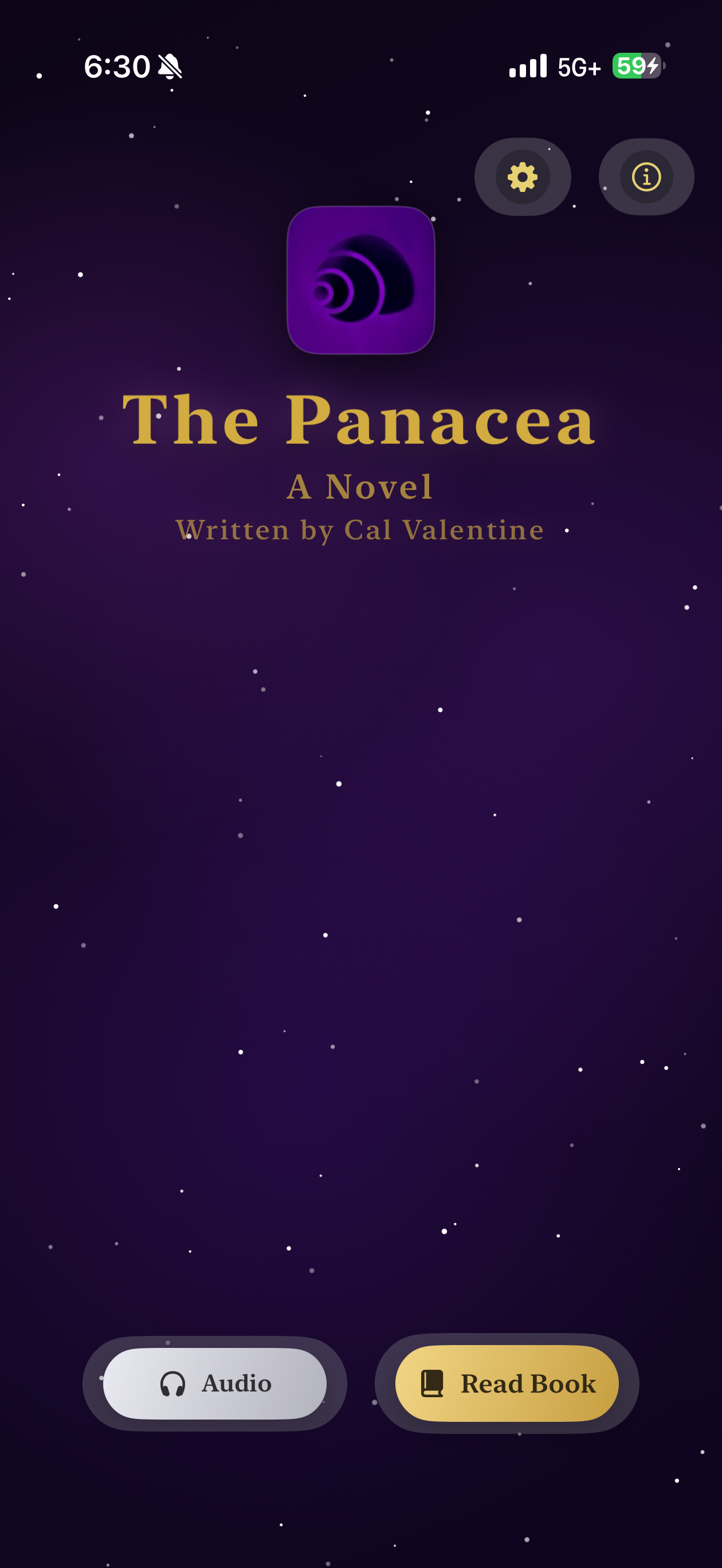 Mobile screen displaying the cover of a digital book titled "The Panacea," written by Cal Valentine.