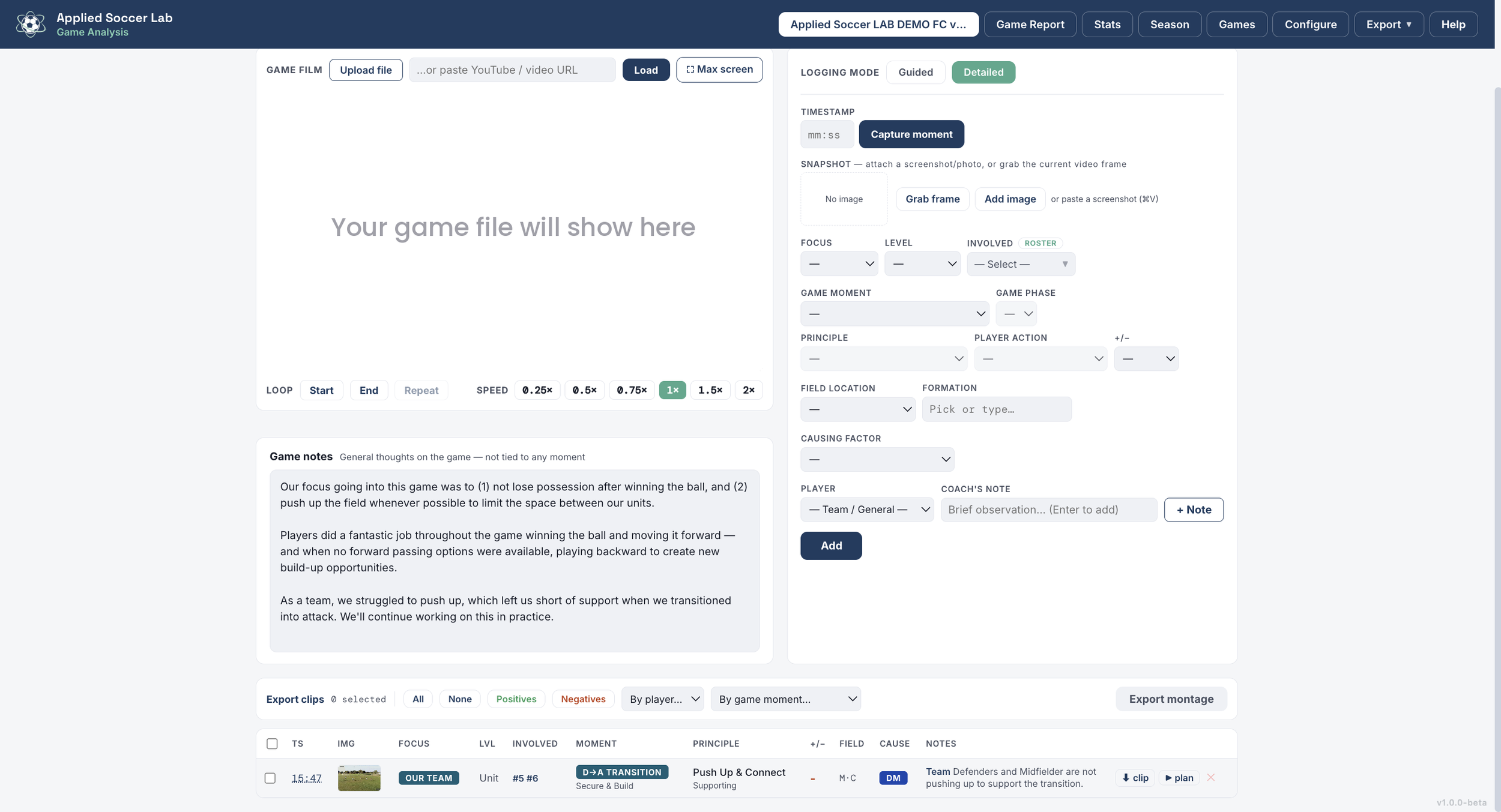 Screenshot of Applied Soccer Lab Game Analysis software interface showing game notes, controls, and data input options.
