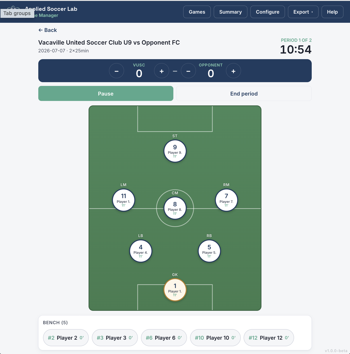 Screenshot of a soccer strategy simulation game showing player positions and a match between Vacaville United Soccer Club U9 and an opponent team, with game controls and a scoreboard.
