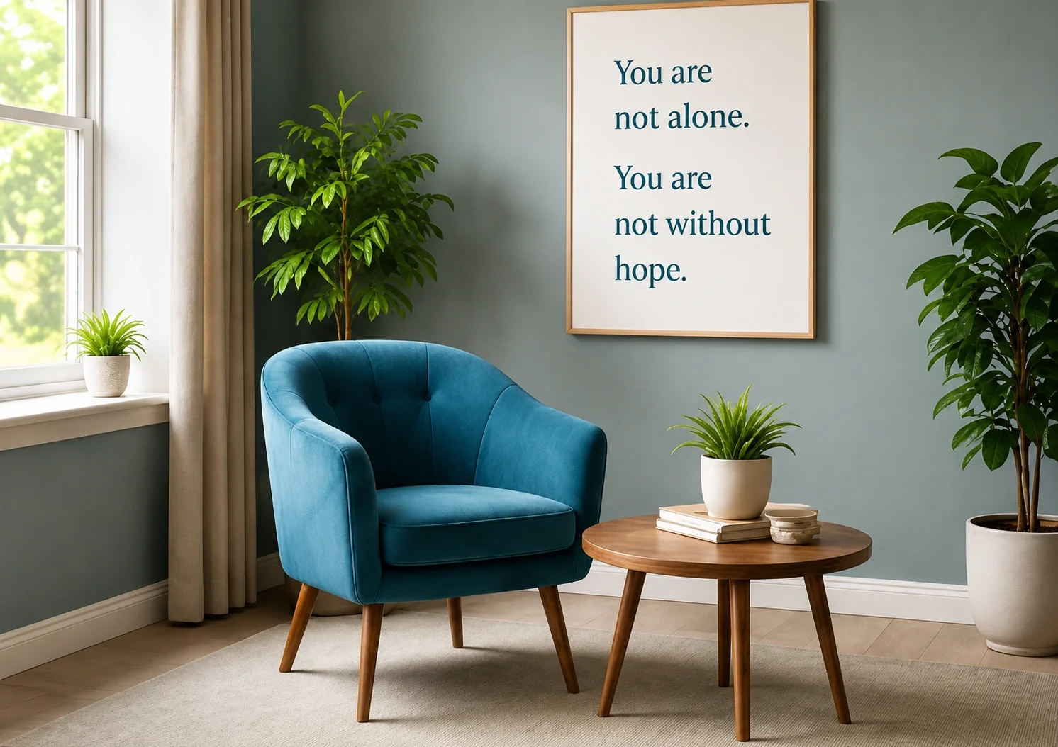 Cozy corner with a blue velvet armchair, a round wooden side table with potted plants and books, large green plants, a window with curtains, and a framed quote on the wall that reads, 'You are not alone. You are not without hope.'
