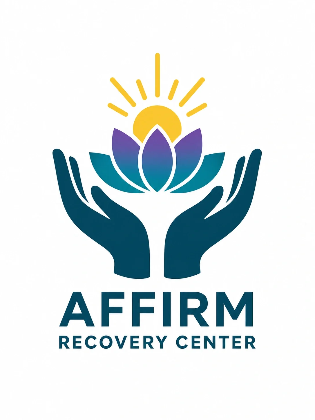 Logo for AFFIRM Recovery Center featuring two hands holding a lotus flower with a rising sun, with the center's name below.