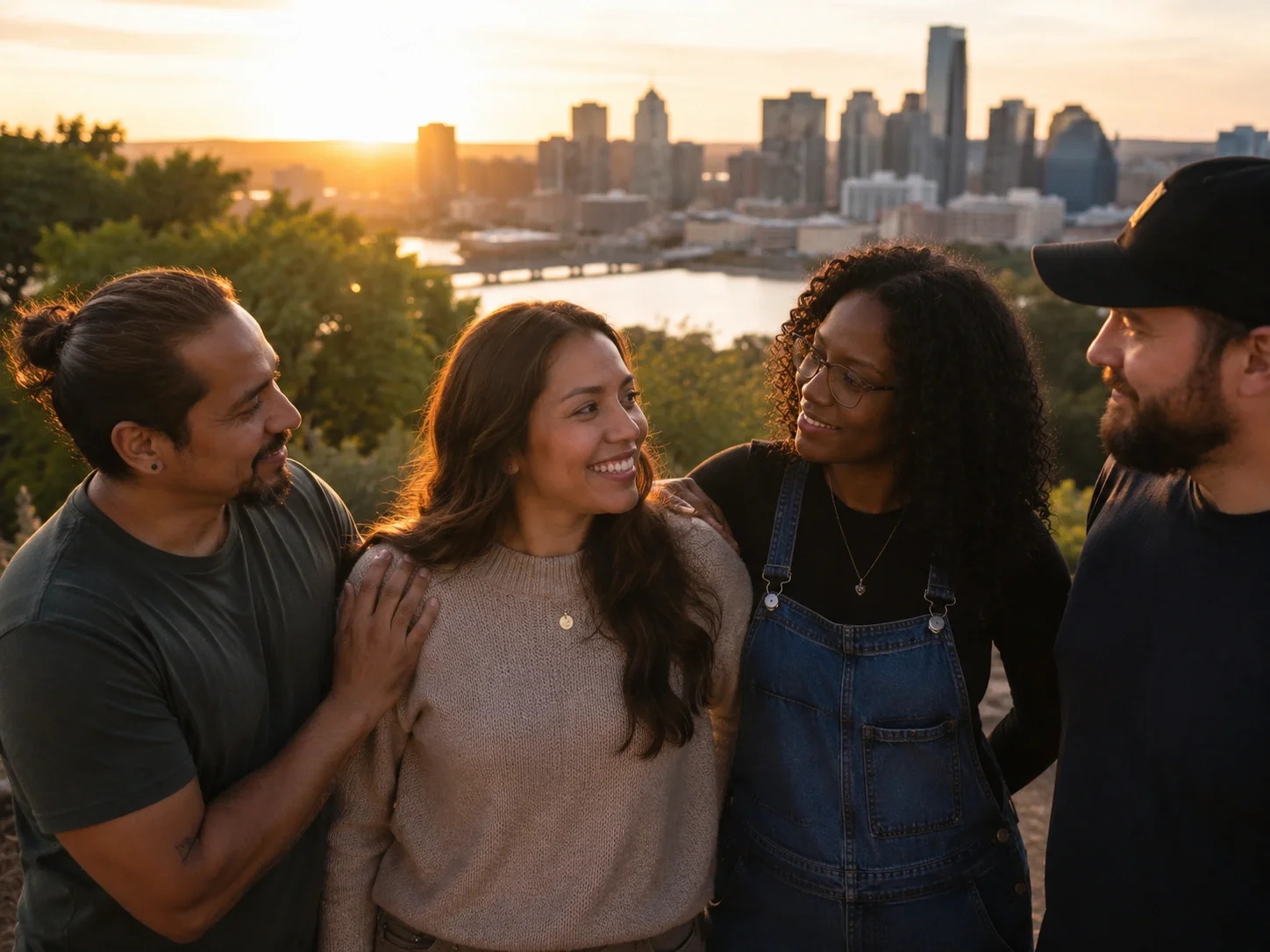 Group of four friends smiling and talking outdoors during sunset with city skyline and river in the background.