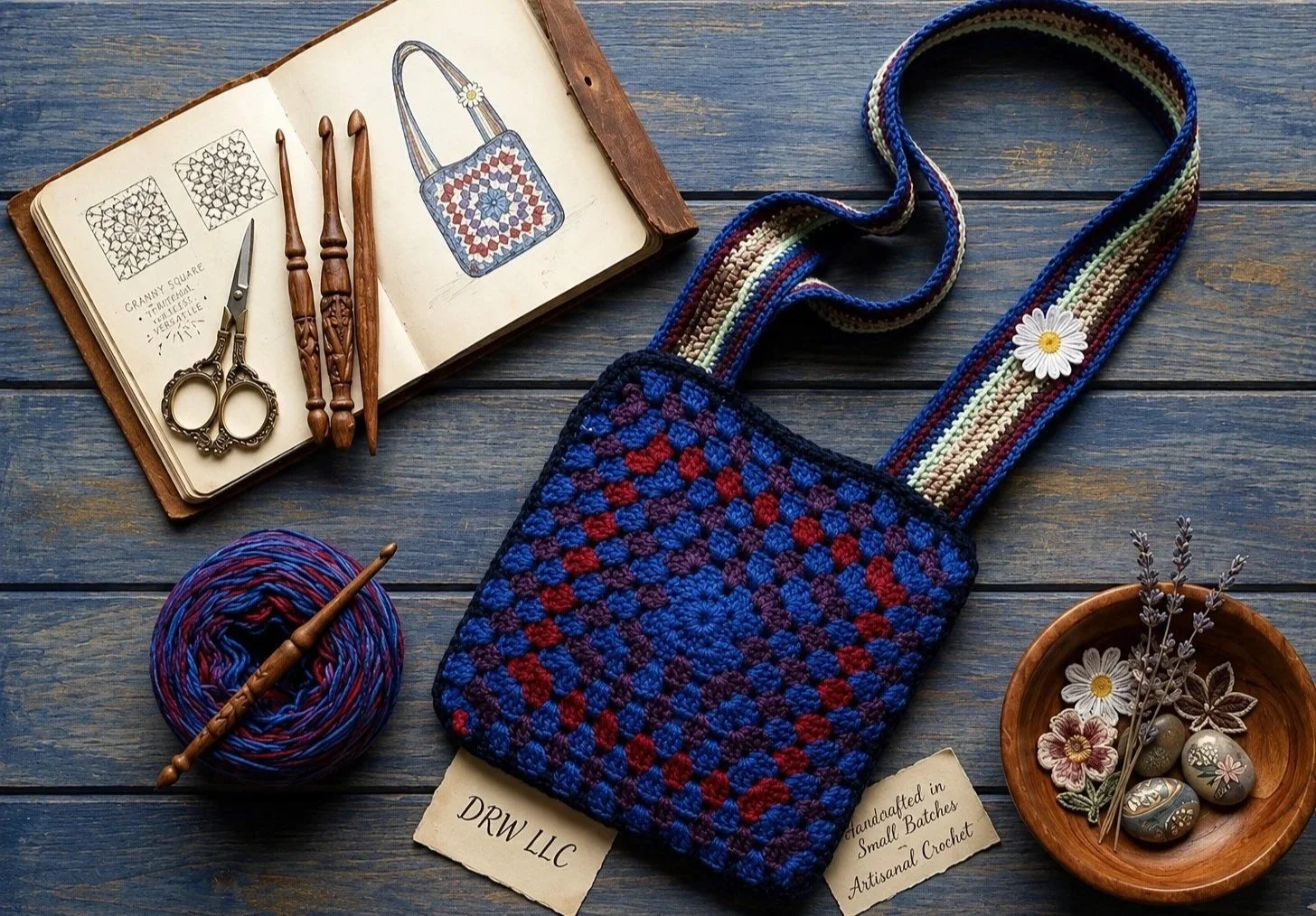 A crochet bag with a multicolored striped strap, a ball of multicolored yarn, a small wooden bowl with flowers, stones, and decorative elements, a vintage crochet pattern book with wooden crochet hooks and scissors on the open pages, and handwritten notes on a blue wooden surface.