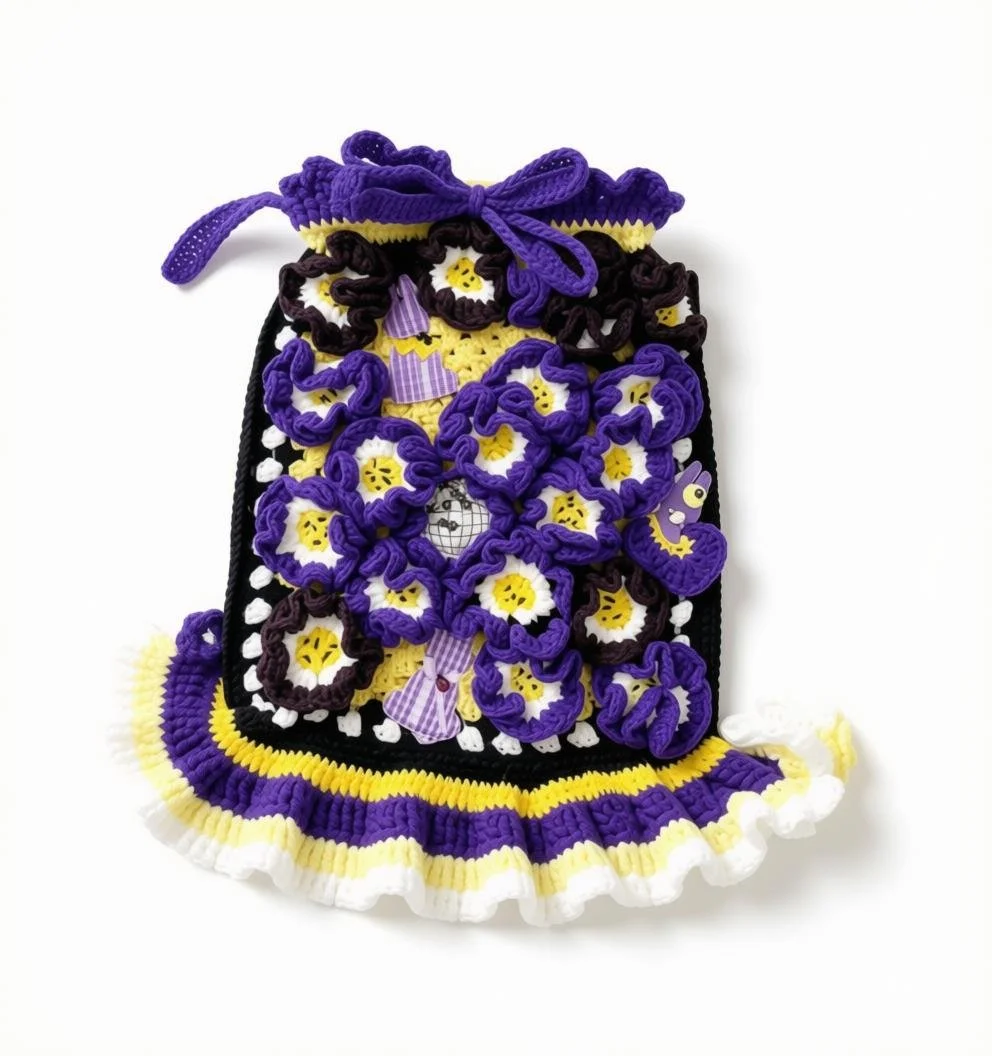   "The Pansy Patch Party Skirt" — Archival Milestone Showcase
One-of-One Masterpiece • Silhouette No. 01
The Narrative: A playful, avant-garde mermaid-style skirt where vibrant purple and yellow pansies meet whimsical lavender bunnies and a touch of 