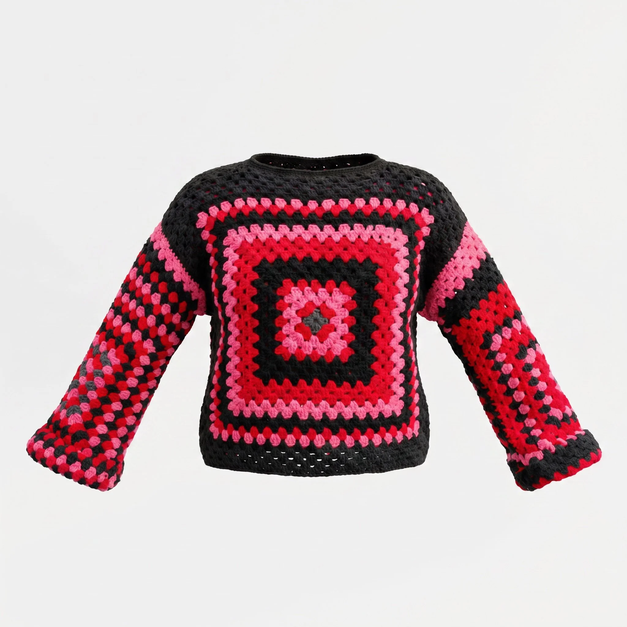  "The Club ColorBlock Sweater"
A modern unisex take on the classic granny-square sweater. Bold coral, red, and black with flared sleeves. Cozy, versatile, built to stand out 
  Available by Commission 