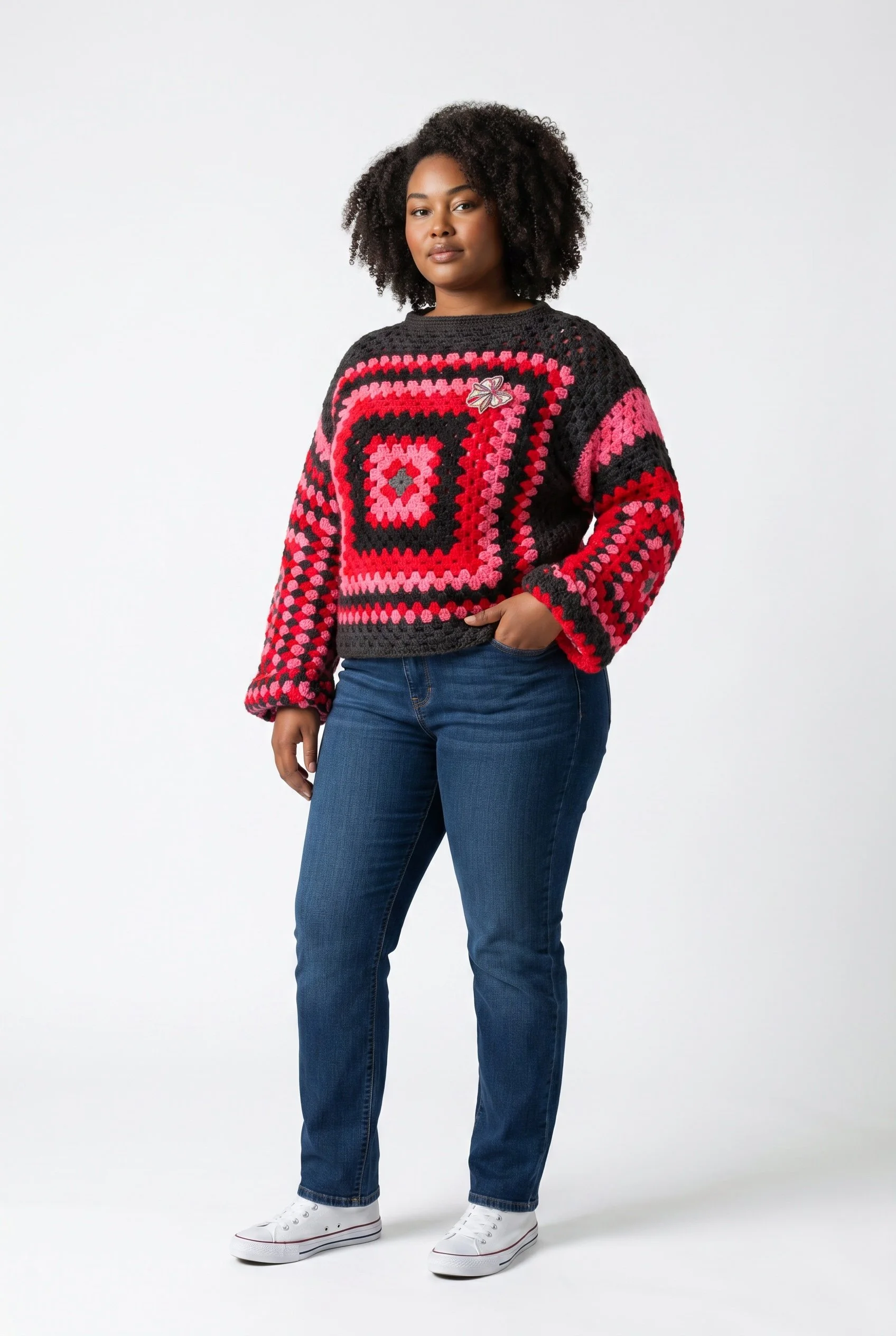  "The Club ColorBlock Sweater"- Classic crochet meets modern street style. This unisex granny-square sweater combines bold color, statement sleeves, and a relaxed silhouette for a one-of-a-kind look that works on everyone  
 Available by Commission 