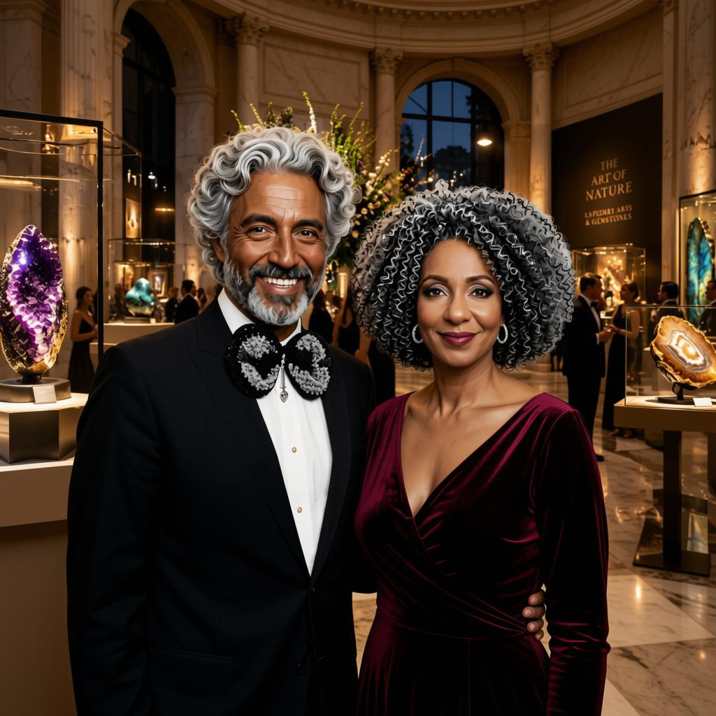   "The Midnight Round 1" Bow Tie
• The Editorial View: A gala-side lifestyle perspective documenting the piece's commanding, high-fashion presence. Photographed in an elite exhibition setting, the image models how the oversized black geometry and ref