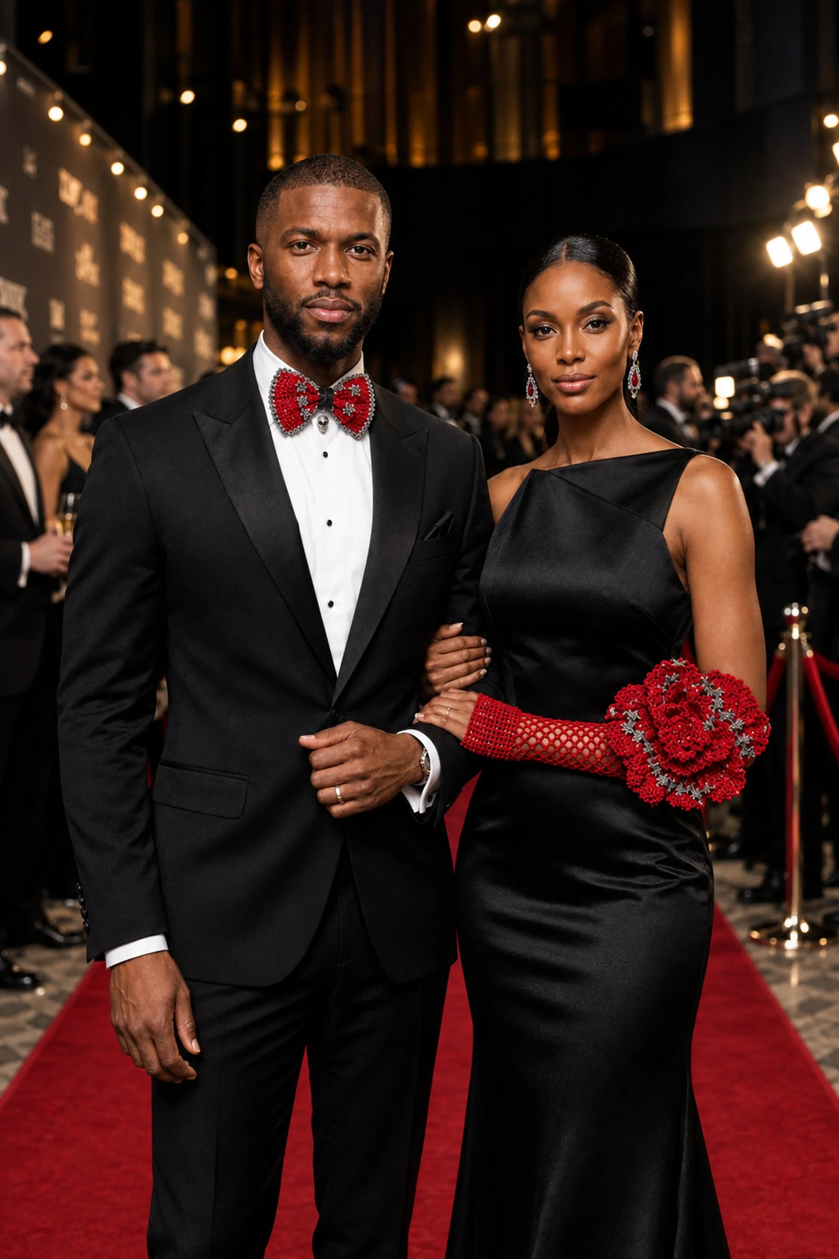    The "Scarlet Signature"  Bow Tie • 
The undisputed star of this look is the Scarlet Signature bow tie. Crafted to command the room, this bespoke centerpiece provides a sharp, structural pop of color against a classic tuxedo—the ultimate focal poin