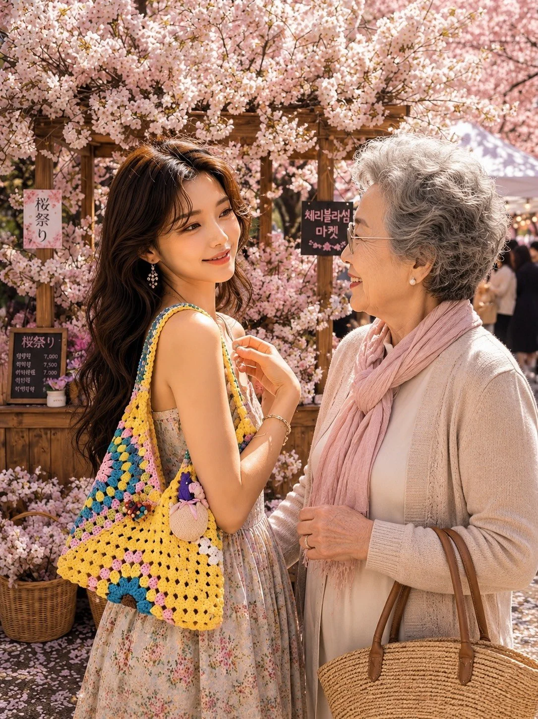A young woman and an elderly woman smile and talk at a cherry blossom festival with pink cherry blossoms in the background.