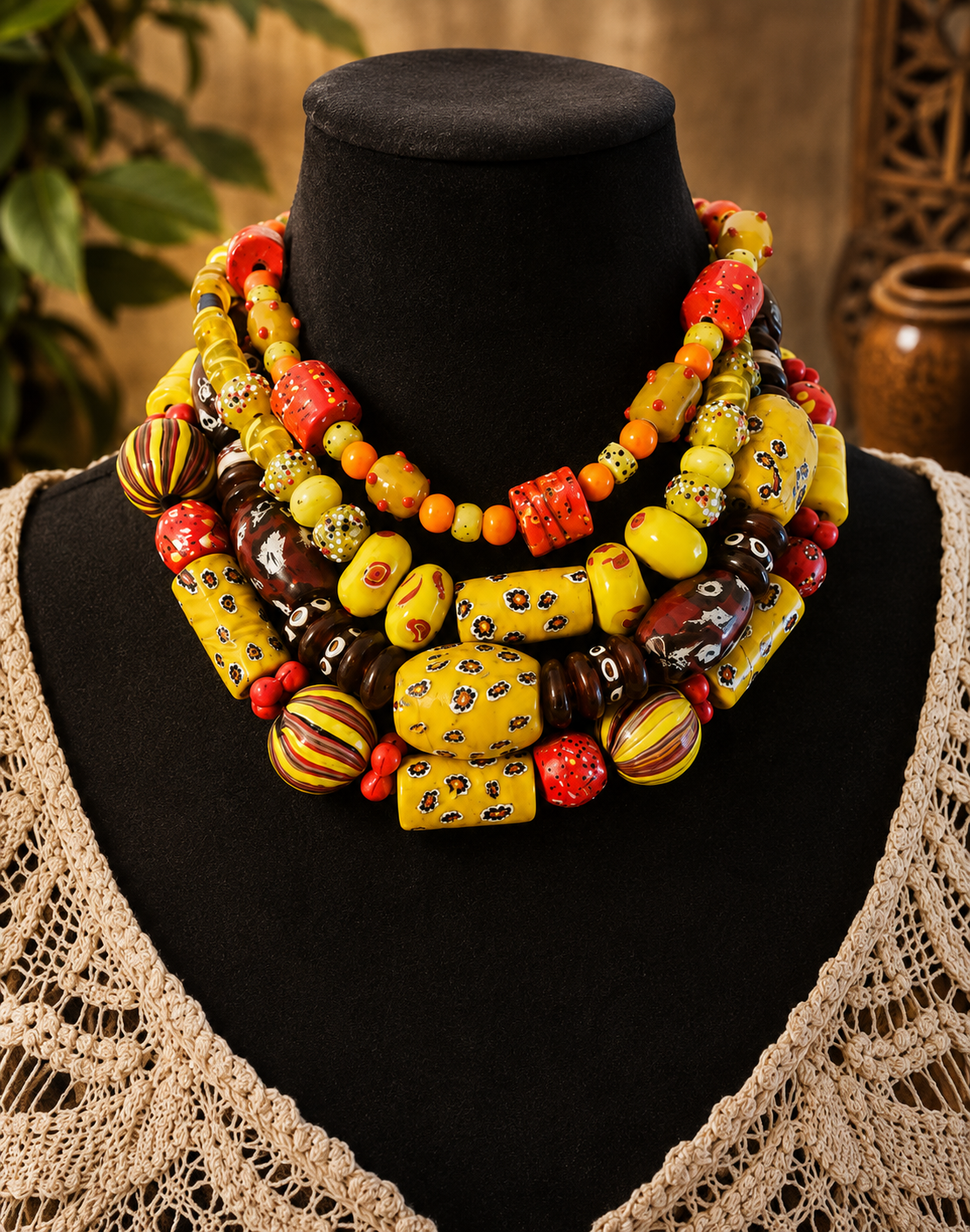  "The Sun Queen Necklace"-
An original wearable-art design featuring, fair-trade beads curated for their vibrant color, character, and texture. A statement of artistry, warmth, and individuality.   Available by Commission 