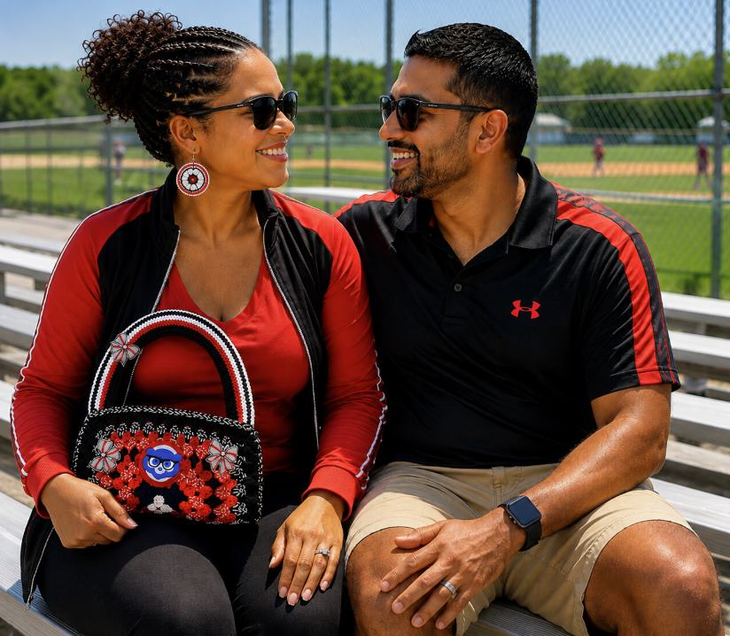 A smiling woman and man sitting on bleachers at a baseball field during daytime, wearing sunglasses, with baseball players visible in the background.