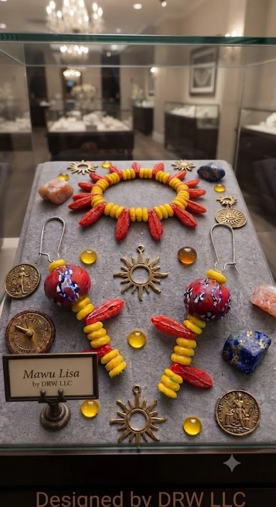  "The Mawu Lisa Suite" -Mawa Lisa celebrates color, rhythm, and individuality through an original bracelet and earring suite designed as wearable art. Finished with stainless-steel ear wires for comfort and wearability.  Available by Commission 