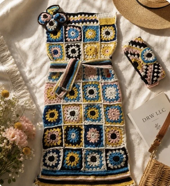Crocheted dress made of multicolored granny squares with flowers, surrounded by a hat, a floral vase, a jewelry box, and a business card that reads 'DRW LLC' on a white fabric background.