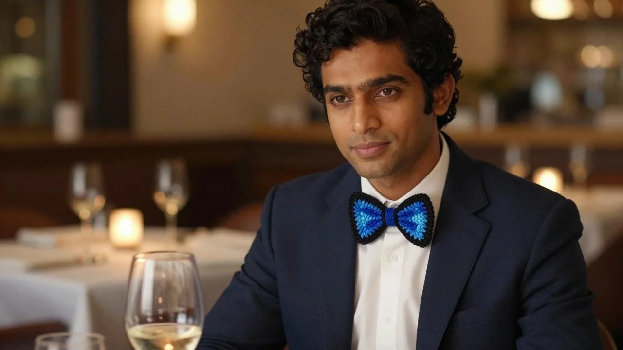   The "Azure Nights" -The Azure Nights Bow Tie
• The Editorial View: A lifestyle perspective modeling the piece's sharp geometric symmetry. The imagery captures an effortless distinction engineered for high-profile social arenas: Galas where everyone