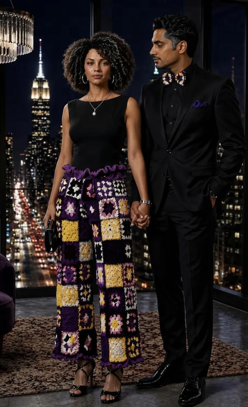 A stylish couple holding hands in a high-rise apartment at night with a city skyline background. The woman is wearing colorful Duchess Rocks World wide-leg crochet pants, and the man is wearing a matching black suit with a Duchess Rocks World bow tie