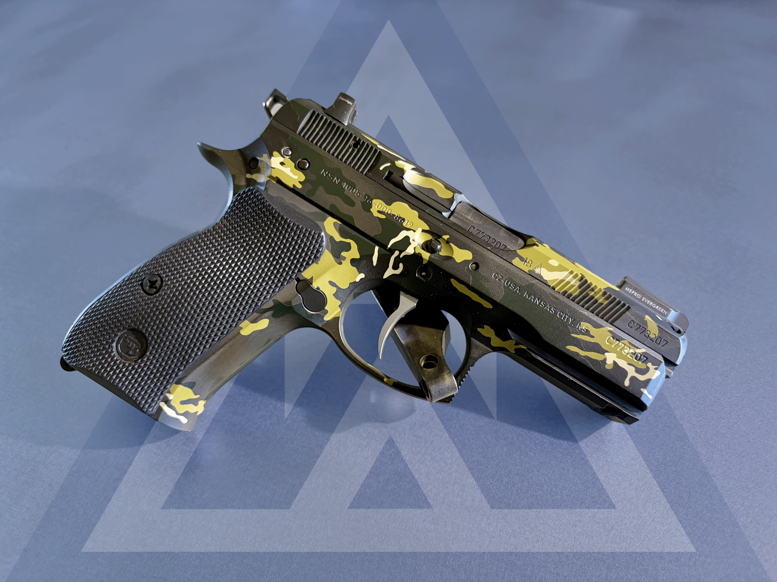 CZ P01: Cajun Gunworks Pro Package, Meprolight sights, 4 color camo cerakote finish.