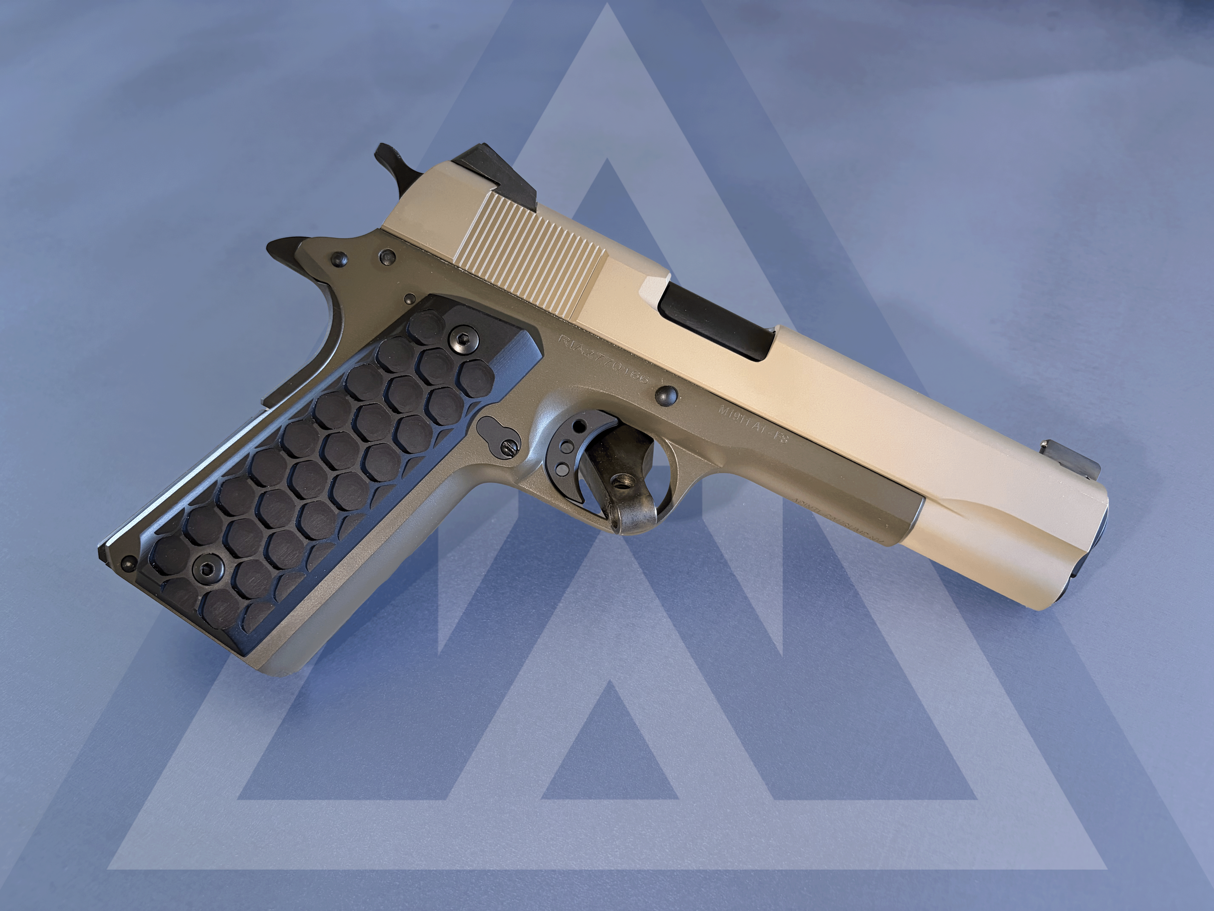 Poor Man's 1911 Project: RIA 1911 recut for Novak sights, hand made silver bead front sight, trigger job to 3.5lb, two tone cerakote, aluminum grips. Feels pretty good despite its humble origins.