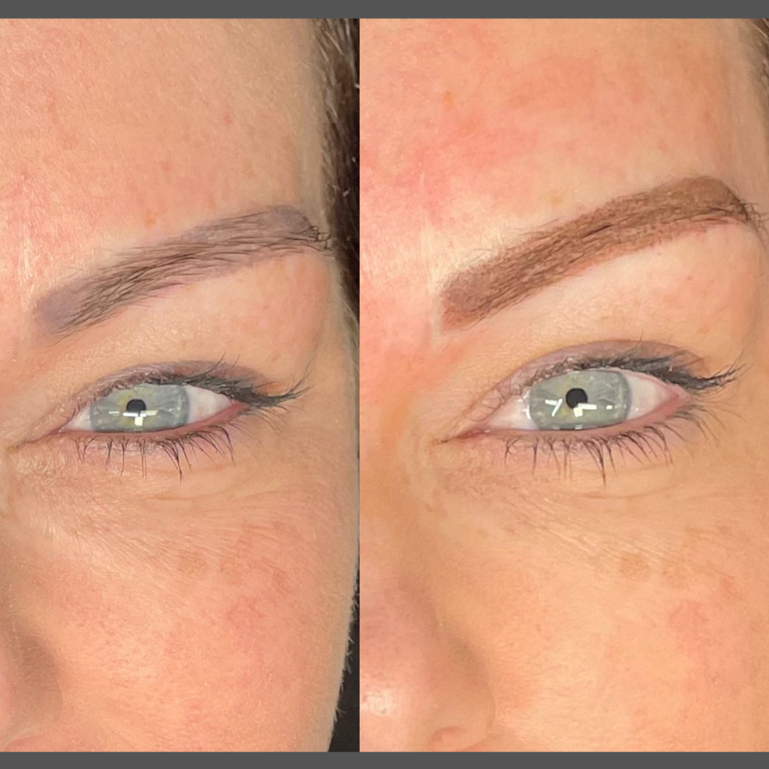 Before and after eyebrow colour correction treatment by ENA Aesthetics in Melbourne, correcting faded cosmetic tattoo pigment and improving brow shape.