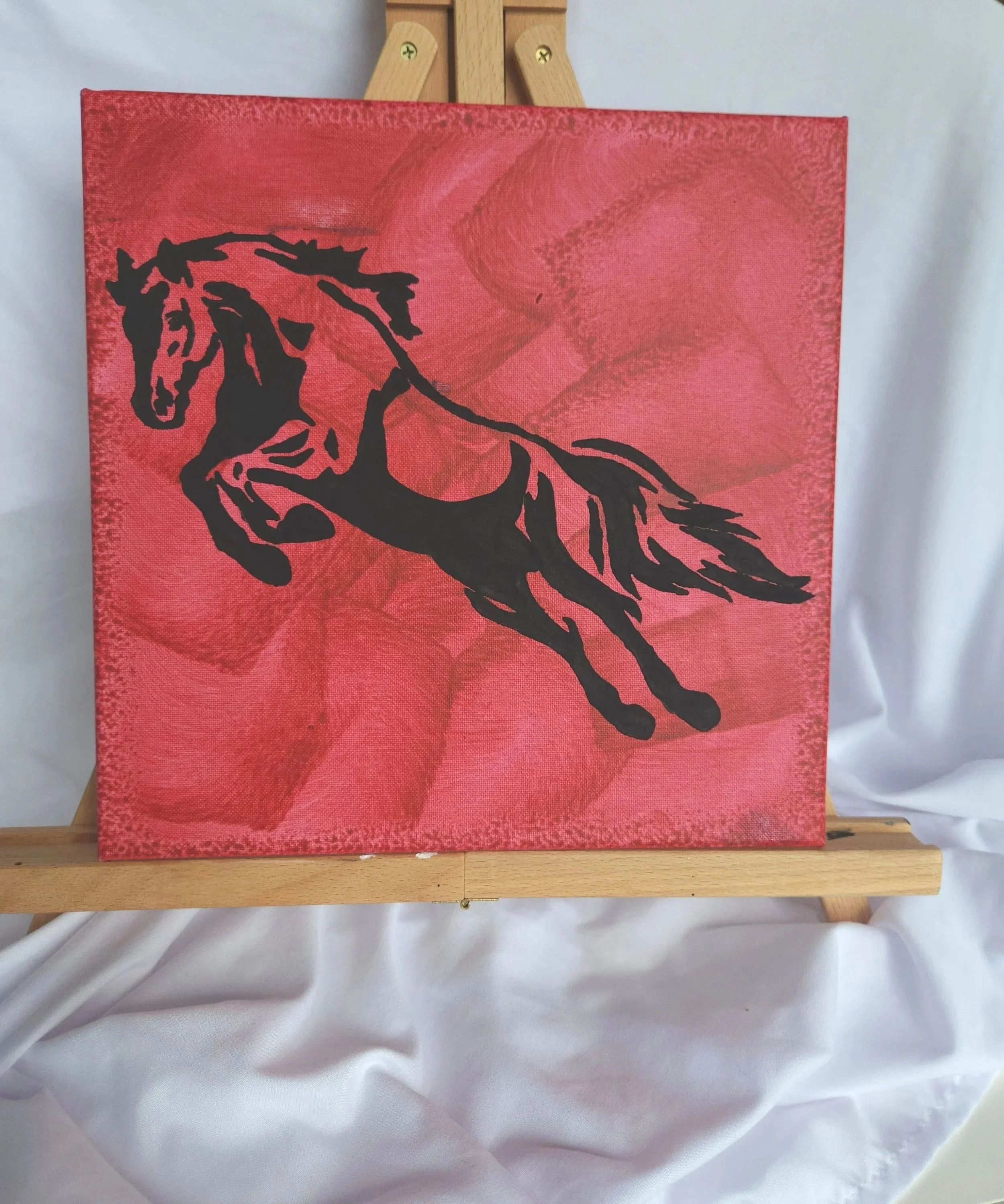 12 x 12 Red Background Black horse Acrylic Canvas