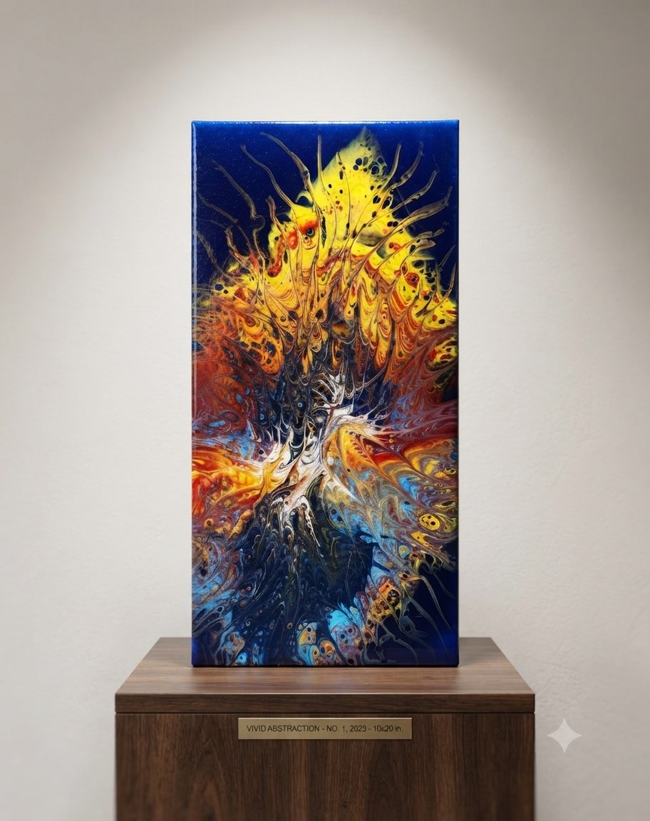 10 x 20  Yellow  and Red on blue Acrylic on blue canvas "Biology experiment"