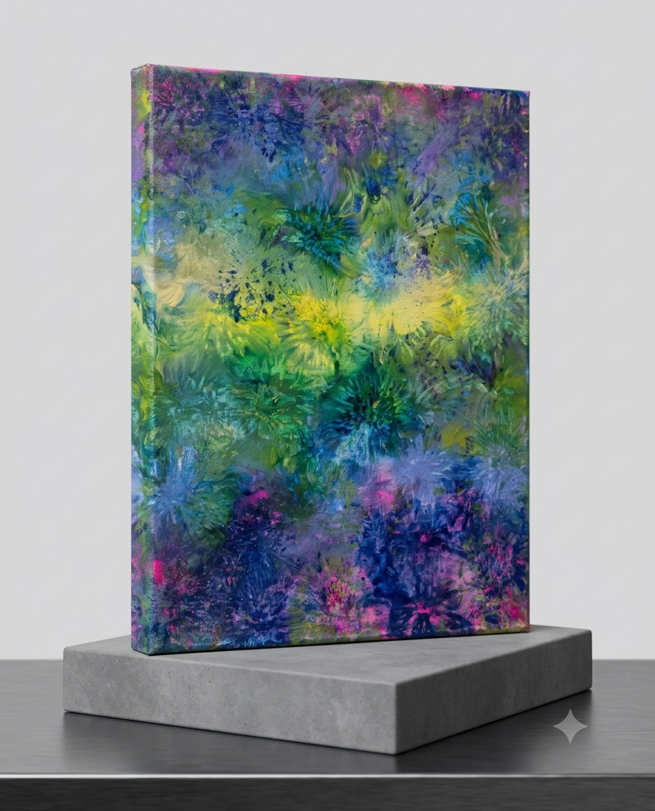 11 x 14 Tie dyed Purple Blue Yellow Green acrylic paint on canvas