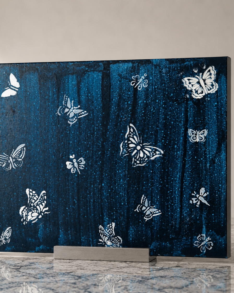 16 x 20 white butterflies on dark blue background Acrylic Canvas