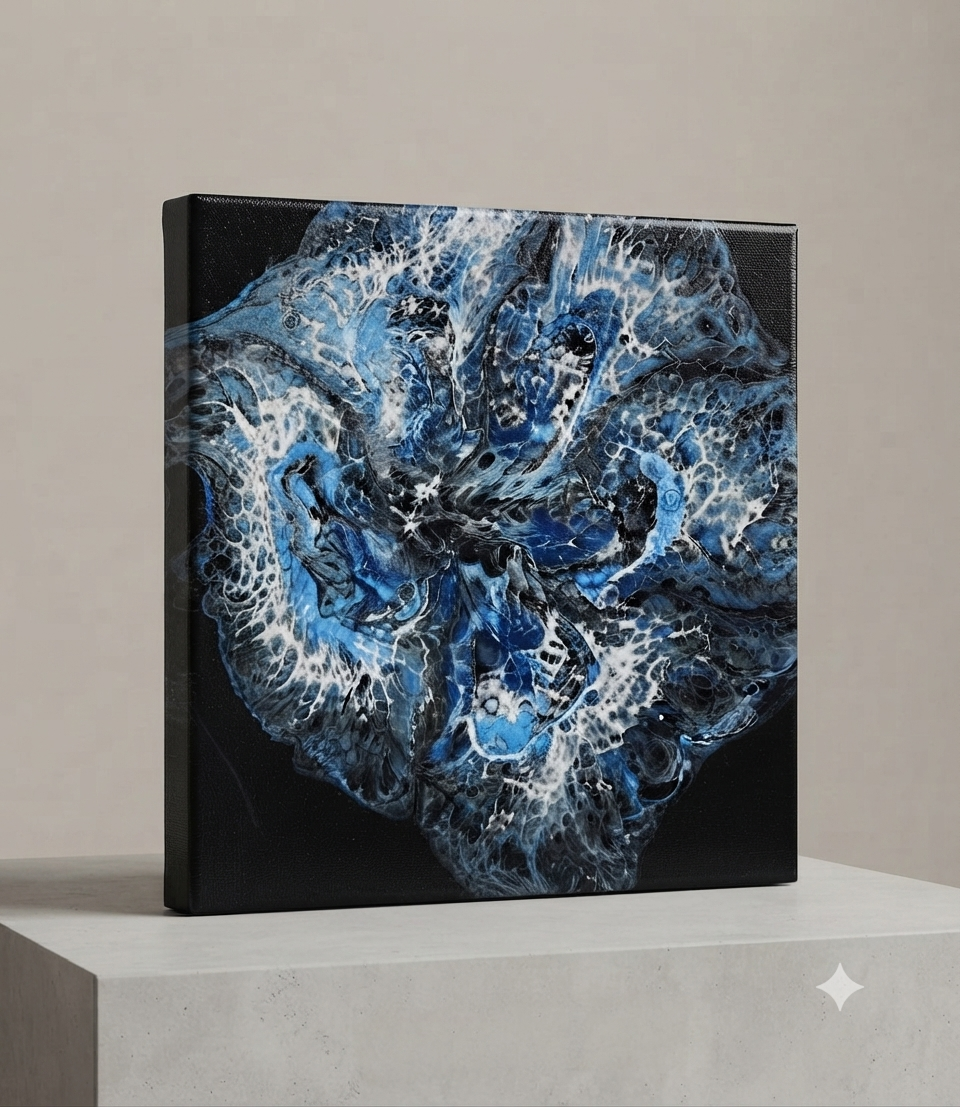 12 x 12 blue metallic on black background acrylic paint pour on canvas