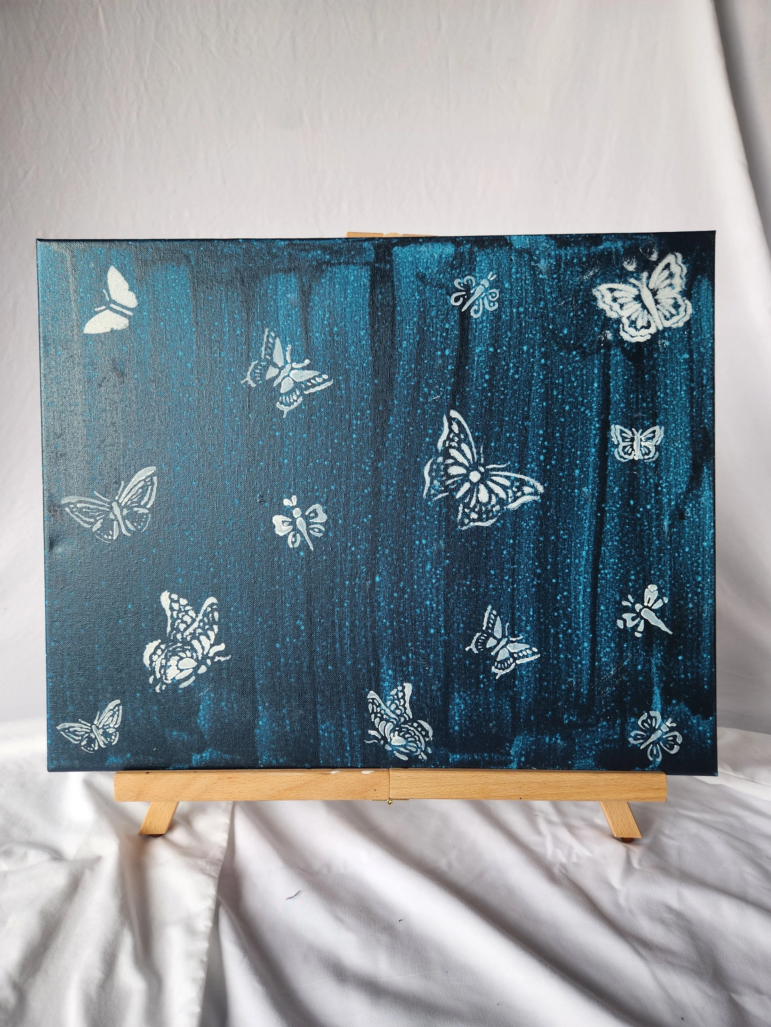 16 x 20 white butterflies on dark blue background Acrylic Canvas