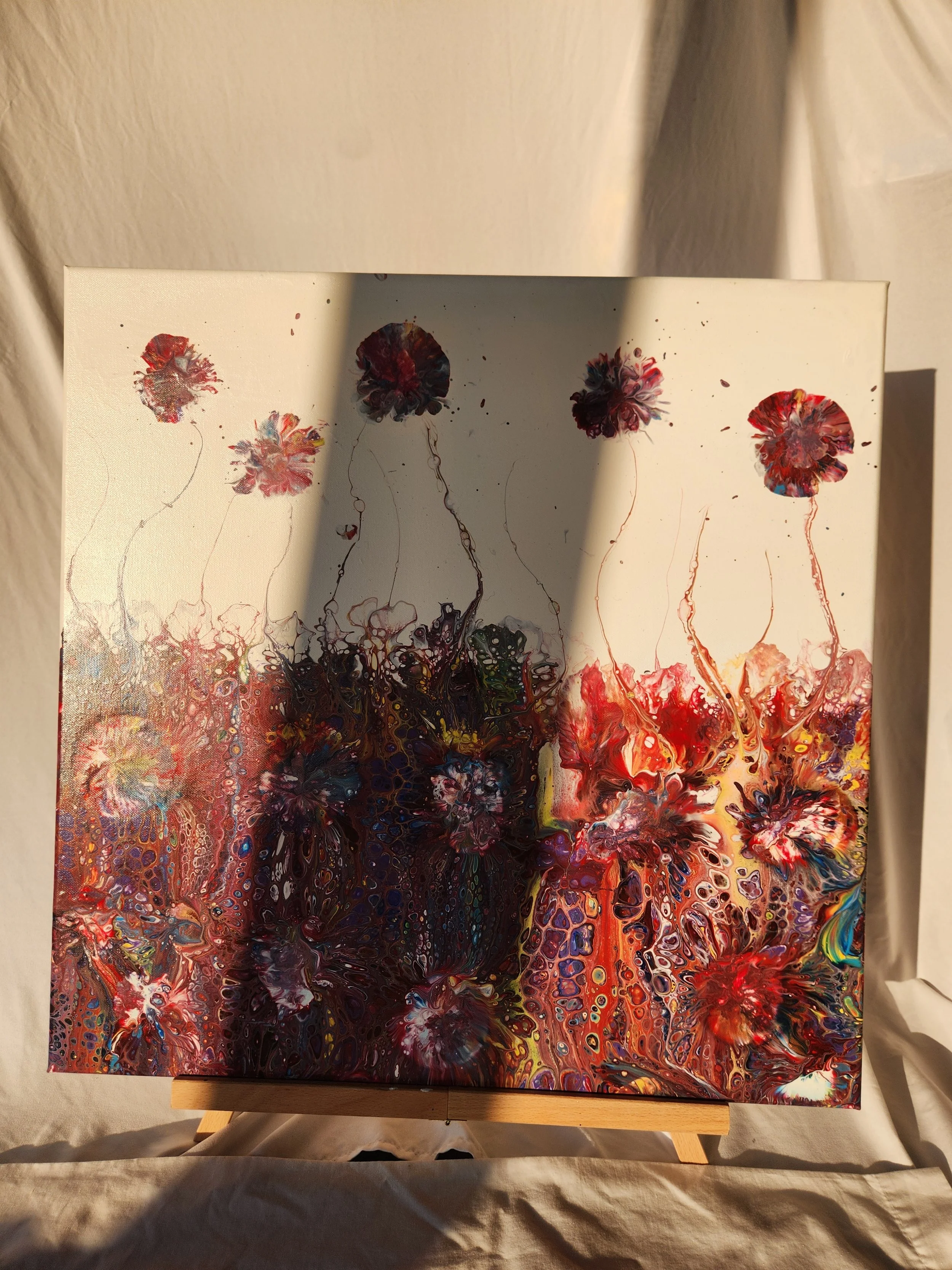 20 x 20 Red, Blue Green Orange Yellow Purple Balloon Flowers Acrylic on canvas