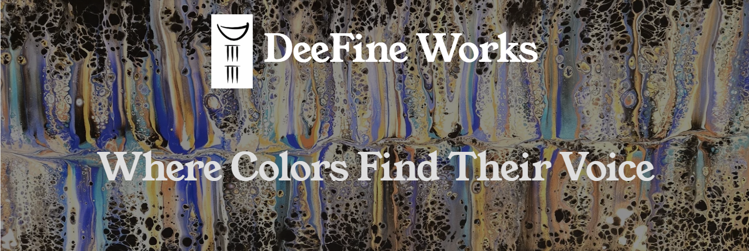 Abstract colorful painting with black, white, blue, gold, and brown hues and text overlay reading "DeeFine Works: Where Colors Find Their Voice." Commissioned art custom NC North Carolina Blue Ridge Western NC WNC Dee
