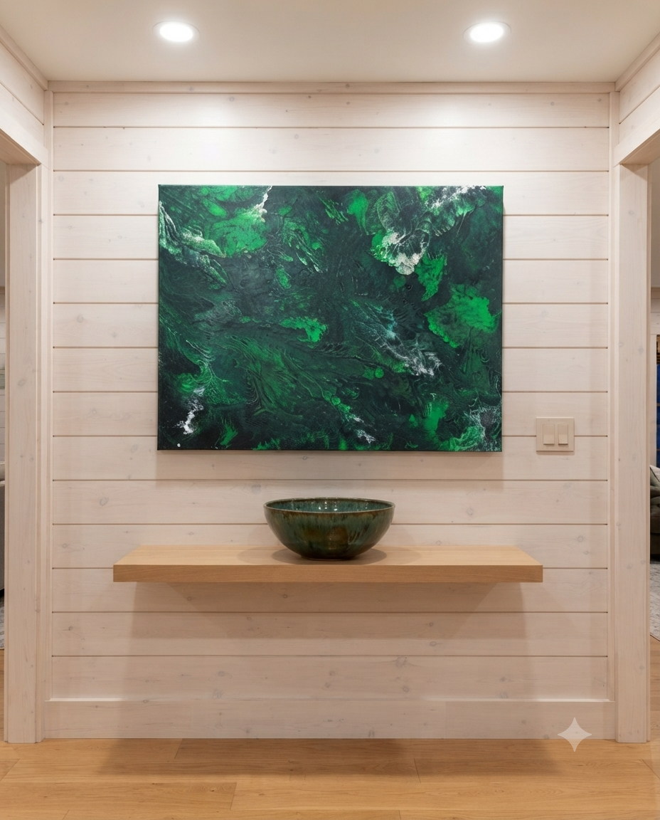 48 x 60 Black and Green Extra Large  Paint Pour