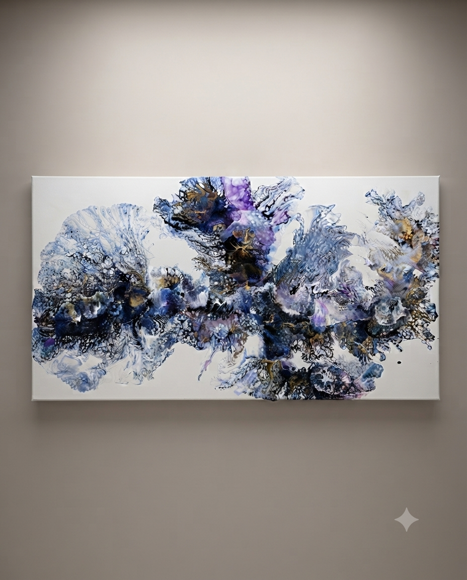 24 x 36 Celestial Burst Abstract Painting blue and purple on white