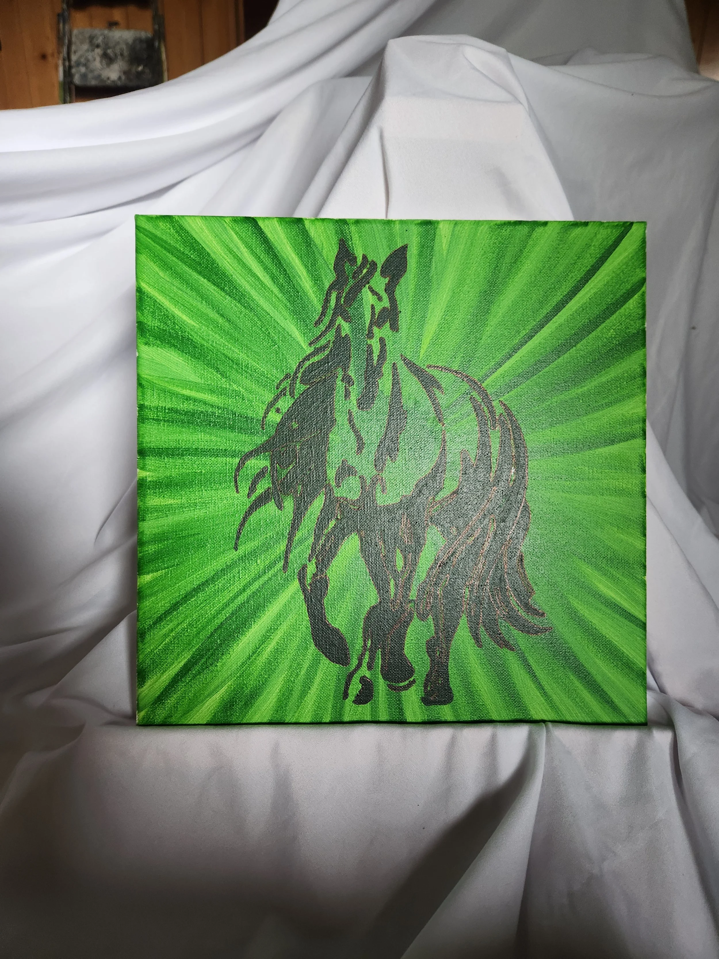12 x 12 Black Horse on Green Sunburst background Acrylic on canvas