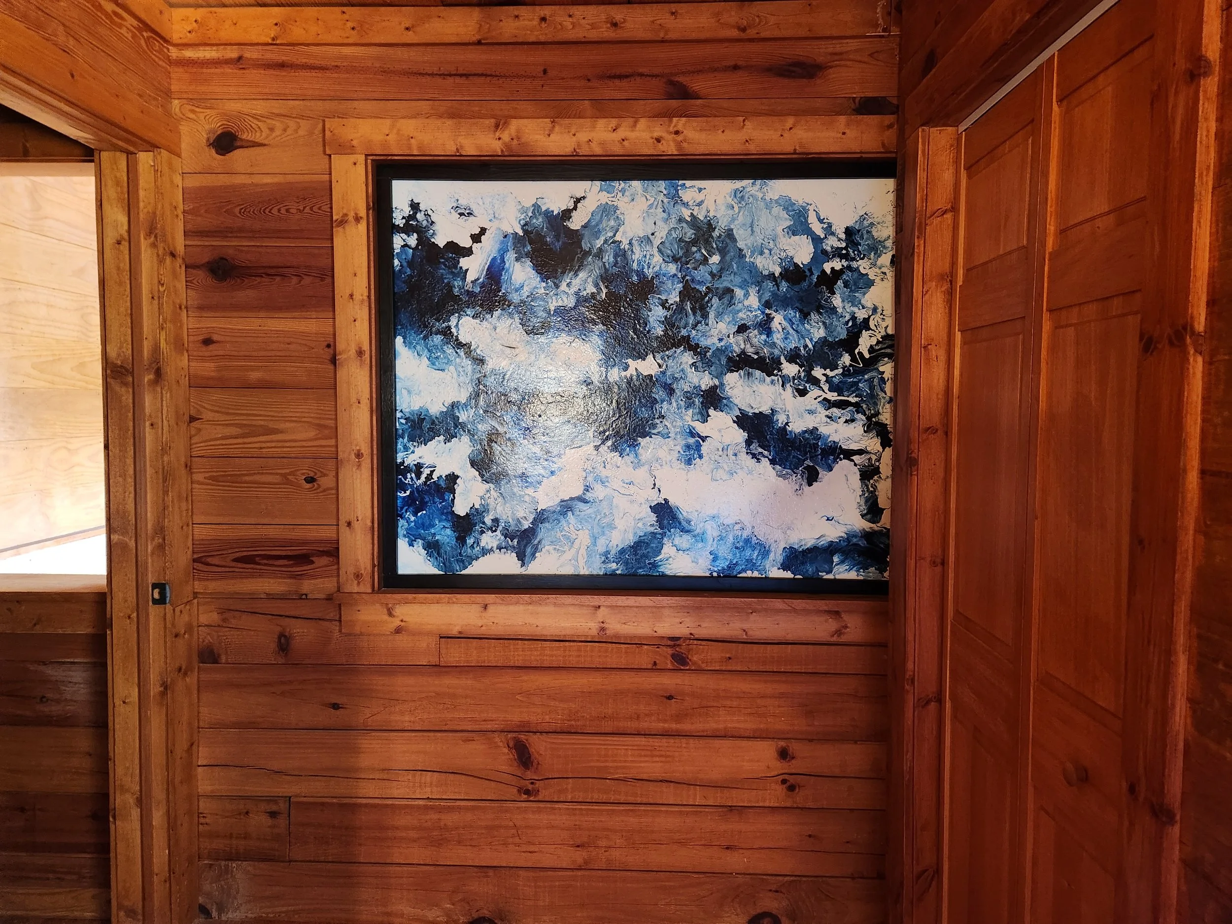 Large 48 x 60 Blue Paint Pour on Wood