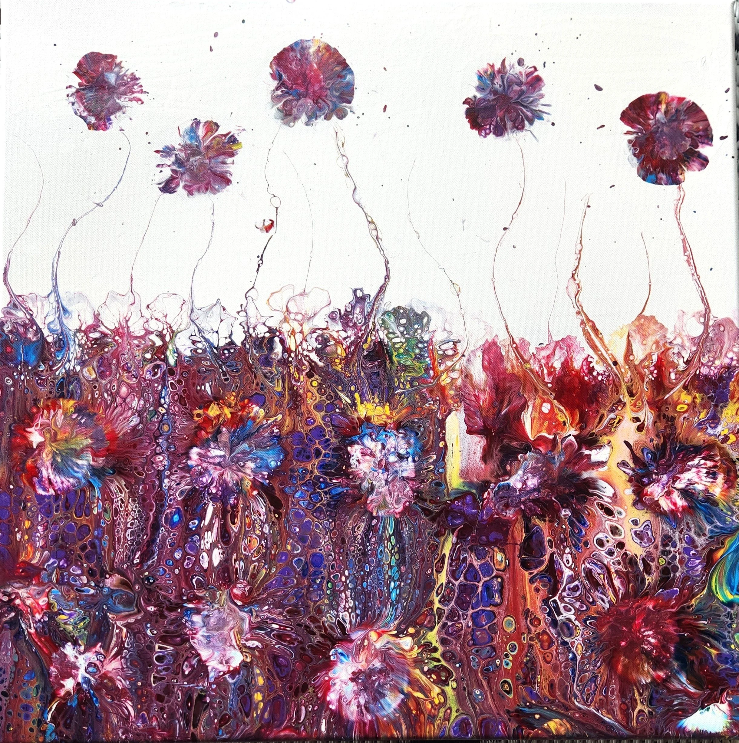 Abstract colorful watercolor painting featuring a symmetrical design and vibrant hues of red, purple, yellow, blue, green, and white. balloon acrylic flowers