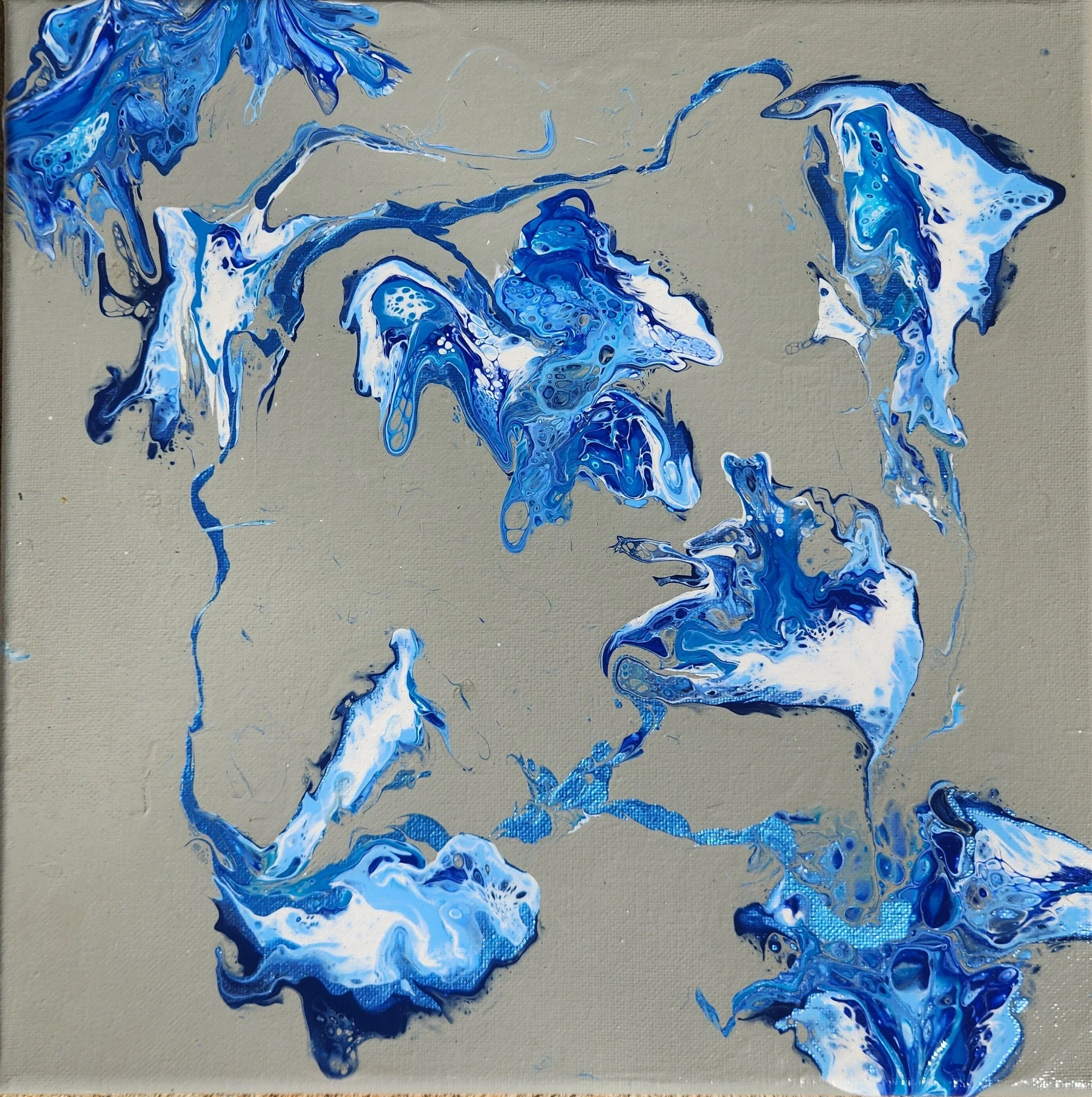 Abstract painting with blue, white, and beige colors flowing and blending on a canvas.