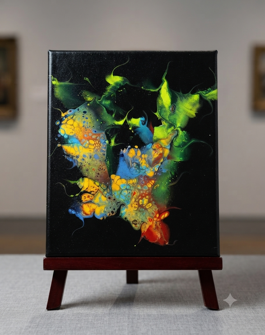 8 x 10  Set of 4 Black Blue Green Teal Reverse Pour Acrylic Canvas