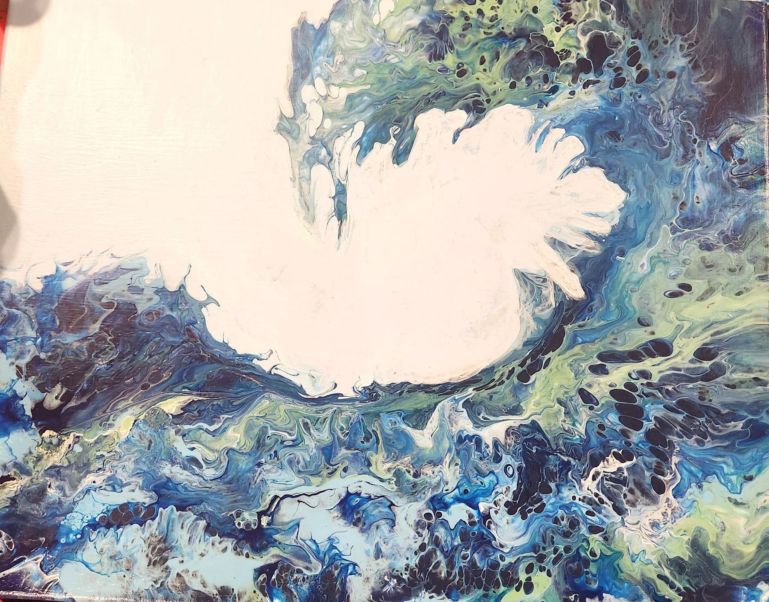 Abstract painting with swirls of blue, green, white, black, and hints of yellow and purple colors. acrylic paint beach wave