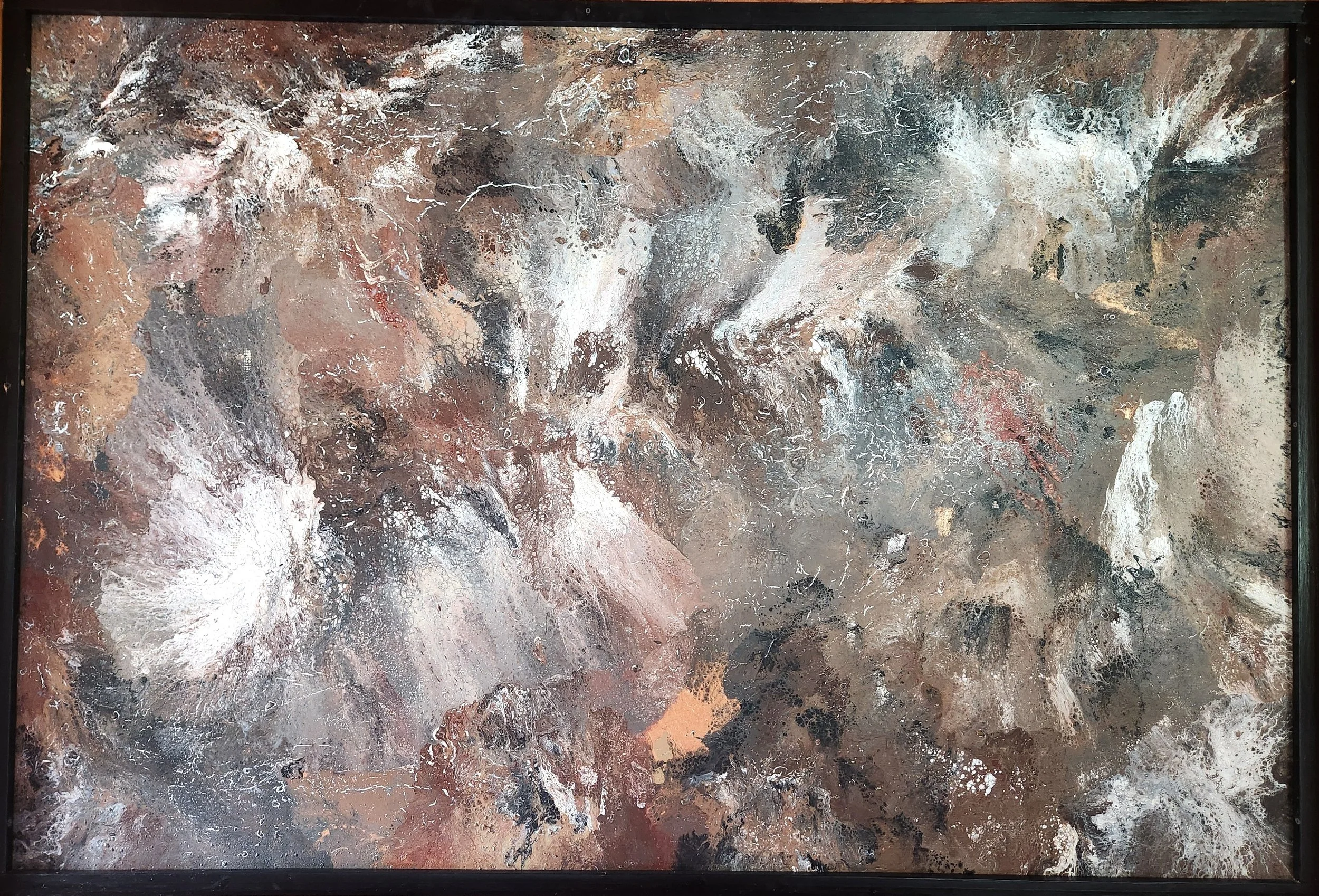 Abstract painting with swirling patterns in shades of brown, black, white, and beige, framed in black.