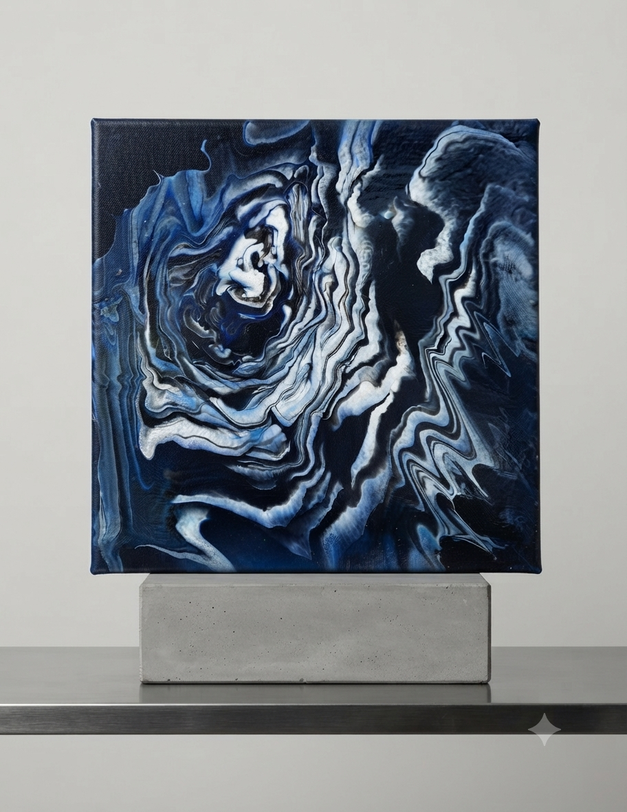 12 x 12 Blue and grey swirl on black background pour on canvas