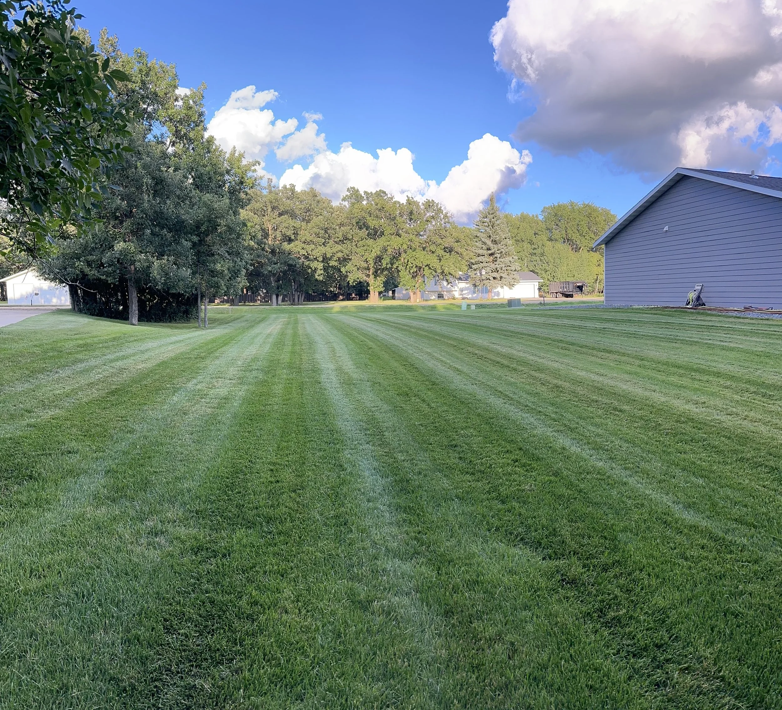 A well-maintained green lawn with striped grass, surrounded by trees and a residential house with a blue exterior and a sloped roof, under a partly cloudy sky.