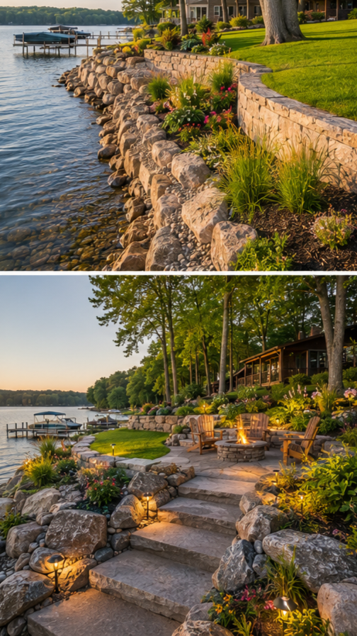A lakeside backyard with a stone retaining wall and lush green grass. The area features a cozy fire pit surrounded by wooden chairs, stepping stones, and decorative lighting, overlooking the water with boats docked at a pier.