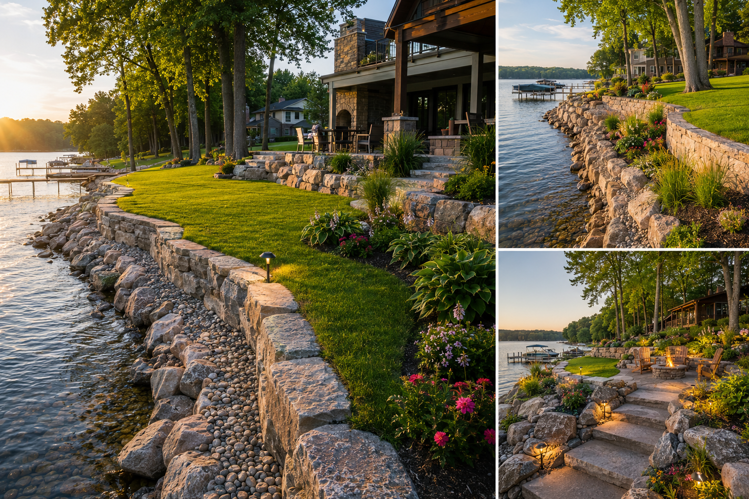 Lakeside backyard with stone retaining wall, lush green lawn, flower beds, trees, and a waterfront view with docks, captured at sunset.