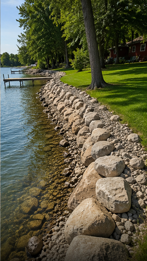 A lakeside scene with a rocky shoreline, a dock extending into the water, lush green grass, trees, and a house in the background.