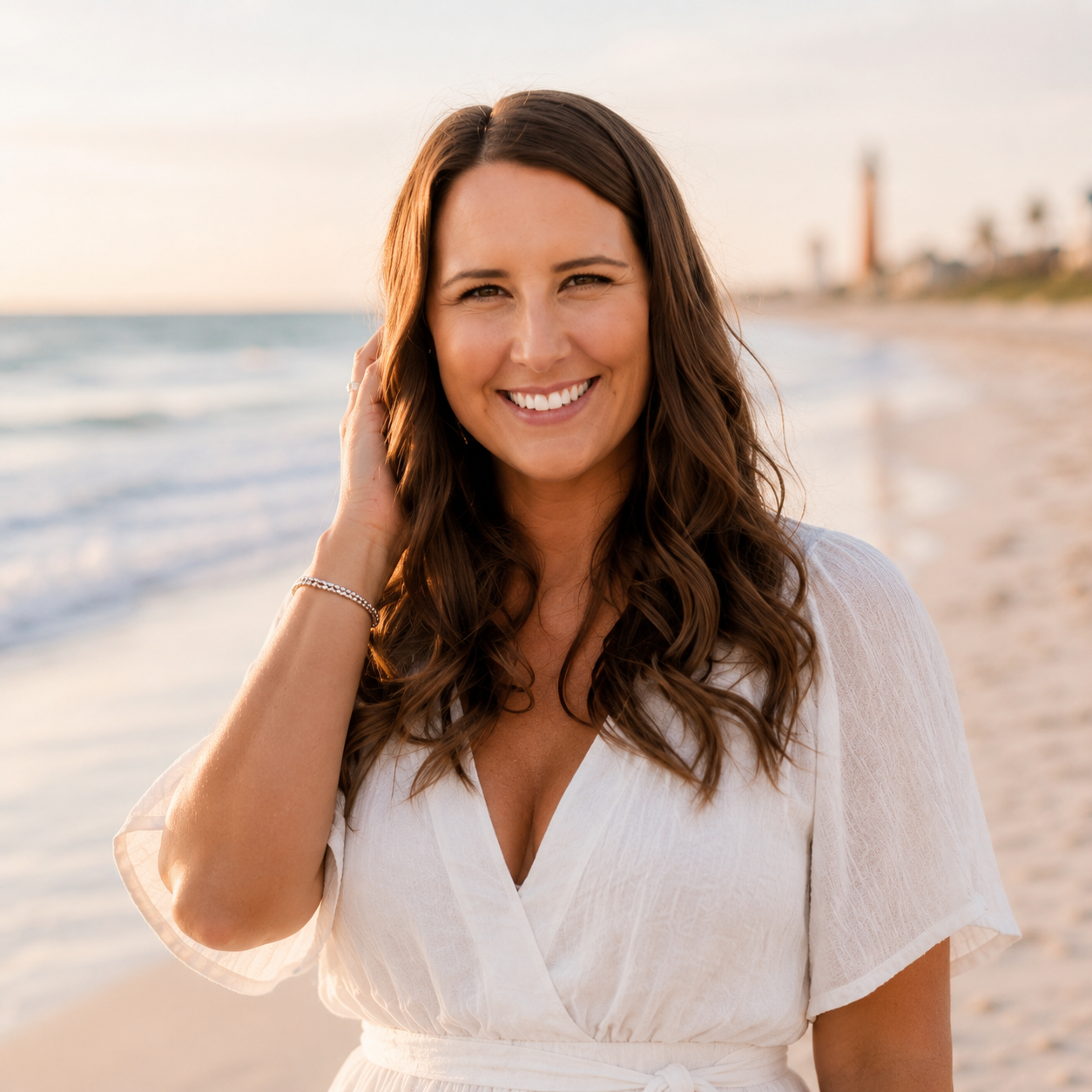 Morgan Seyle, founder of Salt & Sillage traveling perfume bar, on the beach in Ponte Vedra Beach, Florida