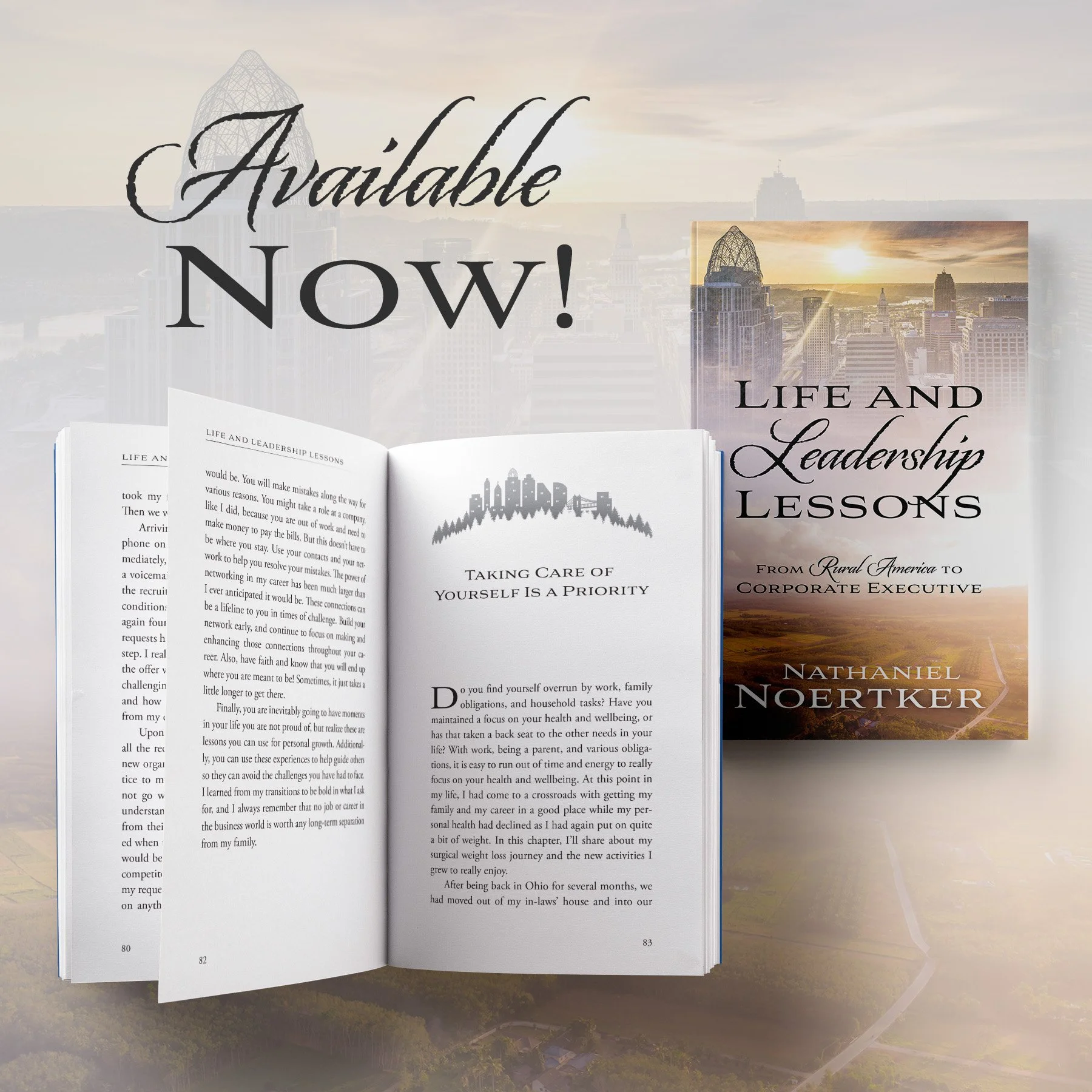 An open book with pages displaying text about Life and Leadership Lessons, set against a city skyline with a sunrise or sunset in the background.