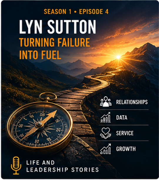 Promotional poster for season 1, episode 4 of a show featuring Lyn Sutton, titled "Turning Failure into Fuel." The background shows a mountain landscape with a winding wooden bridge leading toward the sunrise, with icons representing relationships, data, service, and growth.
