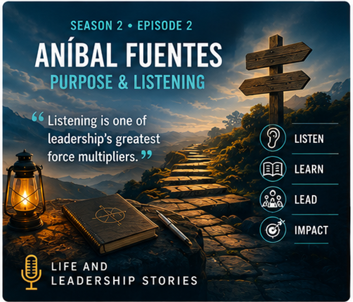 Promotional graphic for season 2, episode 2, featuring a mountain pathway, signposts, a lantern, a notebook, and a pen, emphasizing listening, learning, leading, and impact.