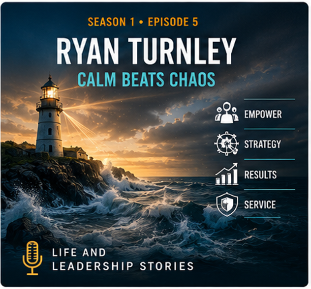 Promotional image for a podcast episode titled 'Calm Beats Chaos' by Ryan Turnley, featuring a lighthouse on rocky coast during sunset and text indicating it is part of 'Life and Leadership Stories' series.